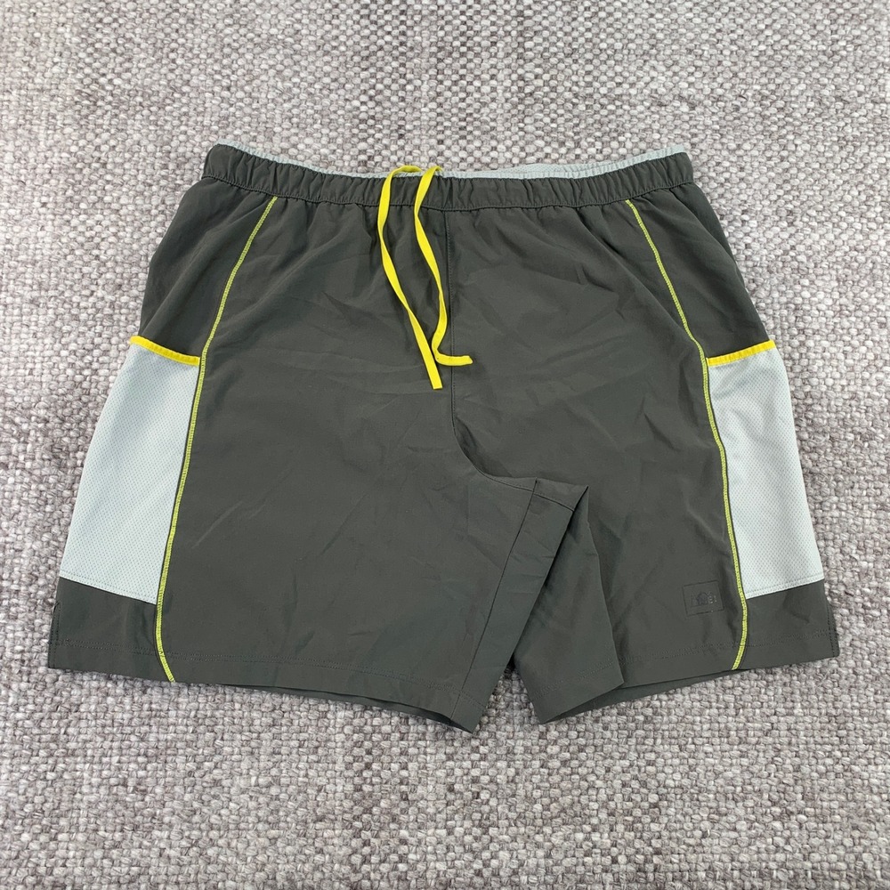 REI Running Shorts Mens Small Gray Neon Yellow Active Trail Athletic Brief Liner